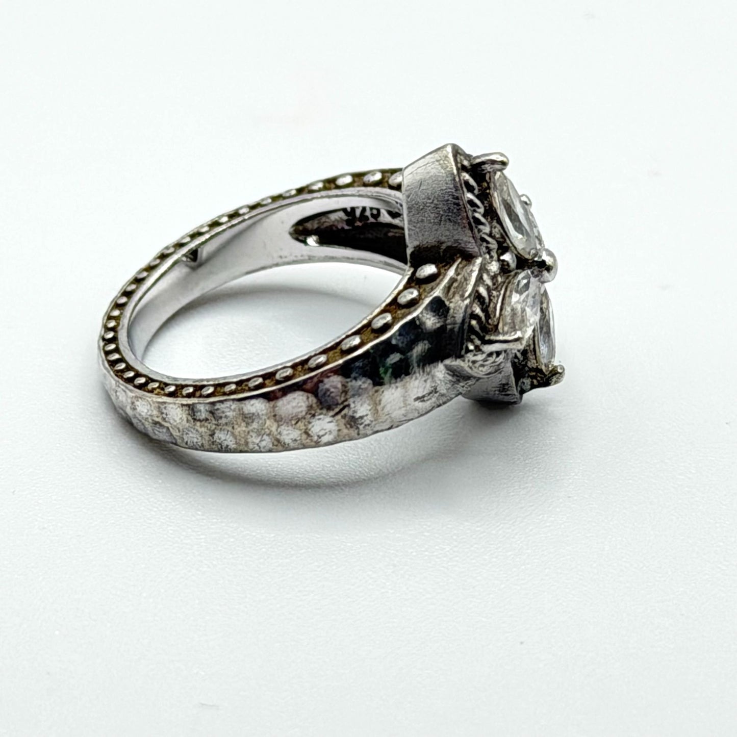 925 Silver Marquise - CZ Intricate Floral Design Hammered Band Ring 5.5