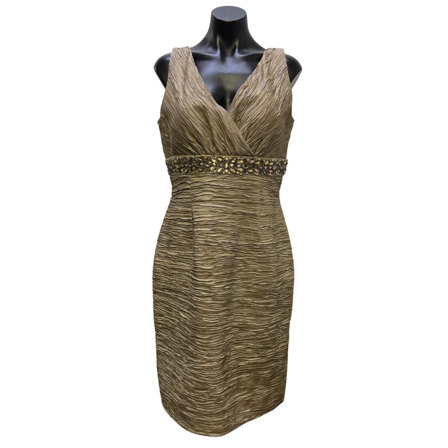 Eliza J Beige Ruched Sleeveless Dress With Beaded Waist Size 12
