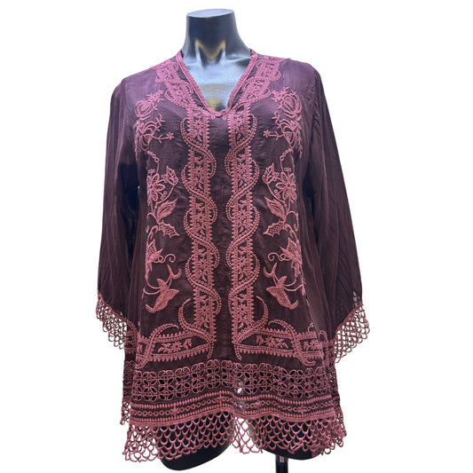 Johnny Was Embroidered Silk Blouse Maroon S