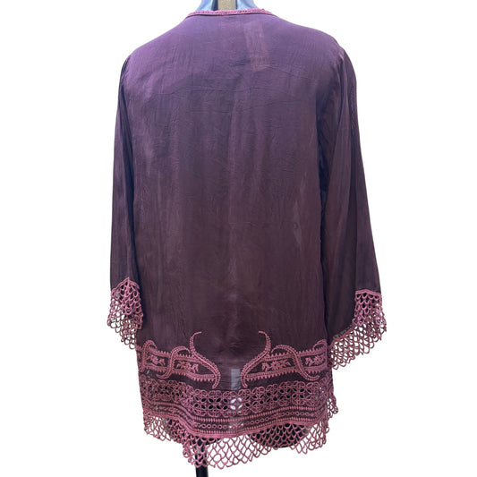 Johnny Was Embroidered Silk Blouse Maroon S