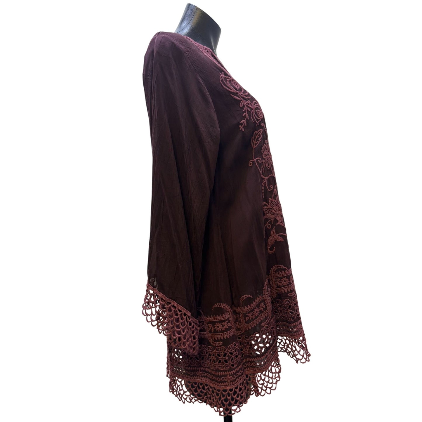 Johnny Was Embroidered Silk Blouse Maroon S