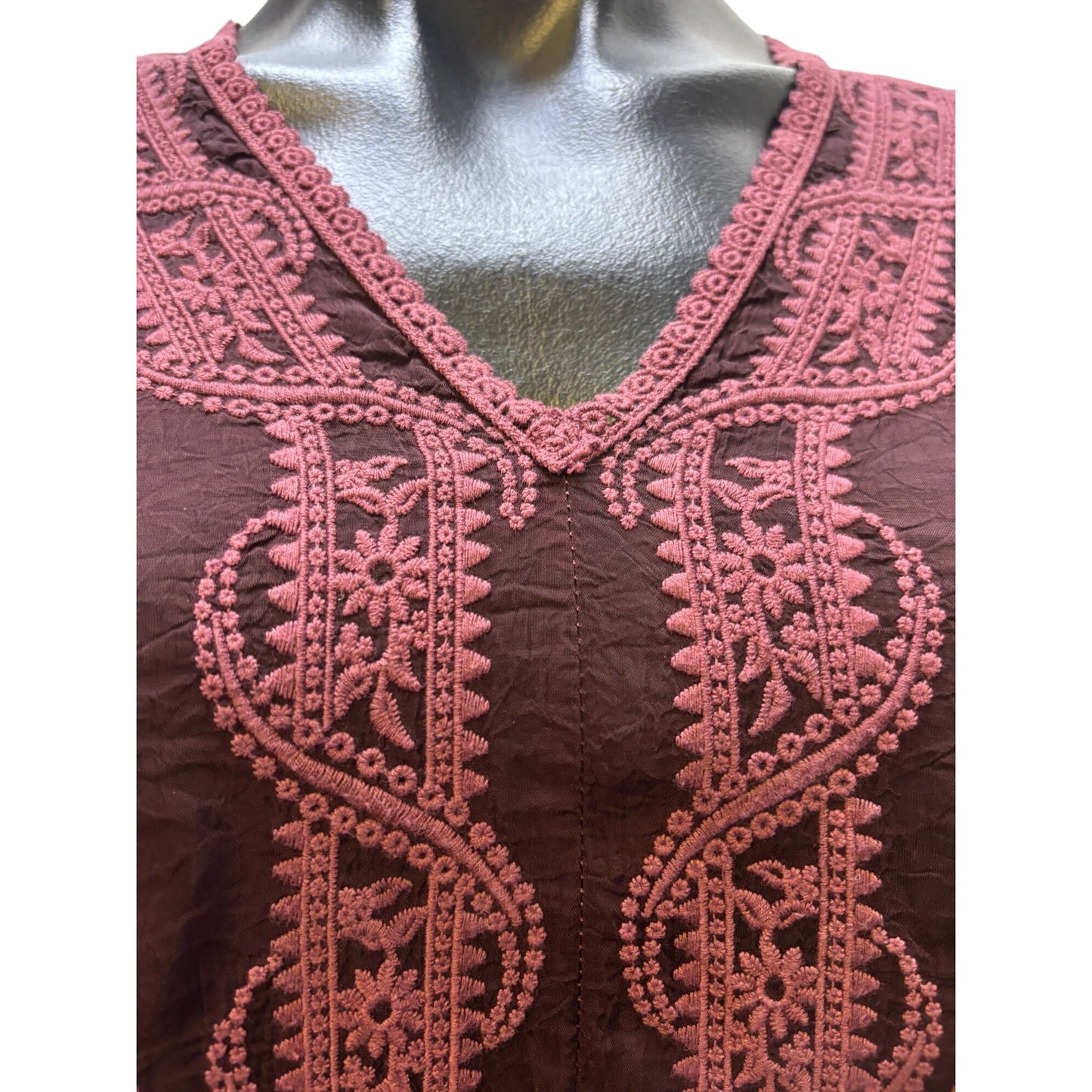 Johnny Was Embroidered Silk Blouse Maroon S