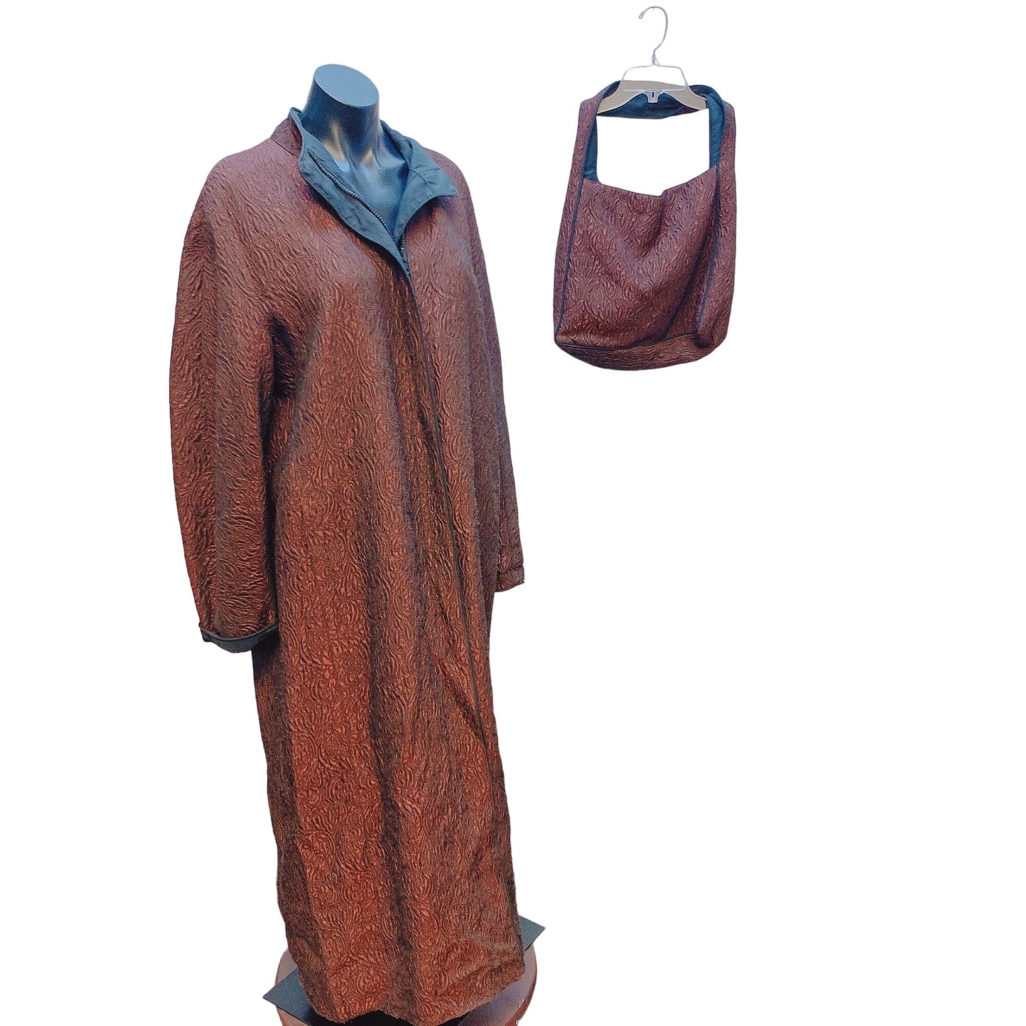 Mycra Pac One Brown/Black Reversible Textured Long Coat W/Matching Handbag Size M/L