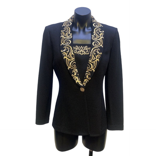 St. John Evening by Marie Gray Black with Gold Embroidery & Studs Knit Jacket Size 4