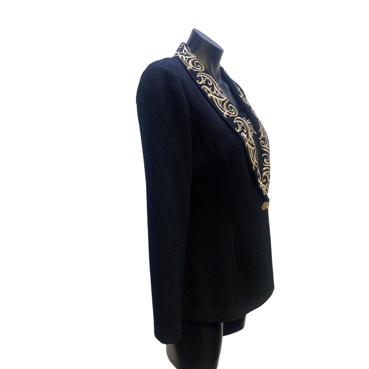 St. John Evening by Marie Gray Black with Gold Embroidery & Studs Knit Jacket Size 4