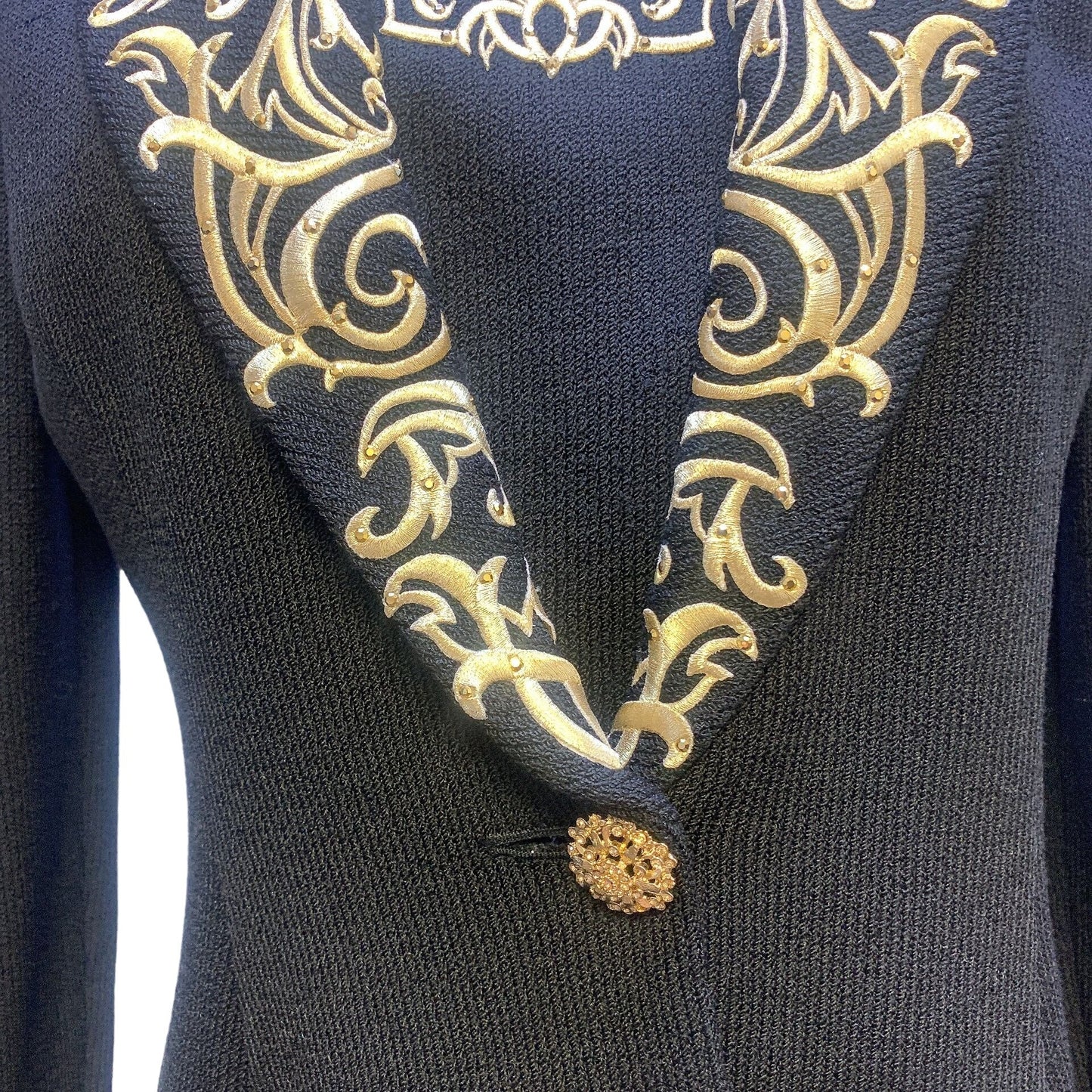 St. John Evening by Marie Gray Black with Gold Embroidery & Studs Knit Jacket Size 4