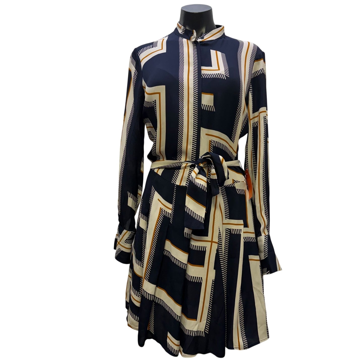 Reiss Print Dress With Belt Navy Cream Brown 2
