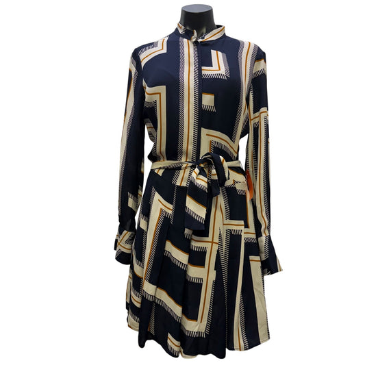 Reiss Print Dress With Belt Navy Cream Brown 2