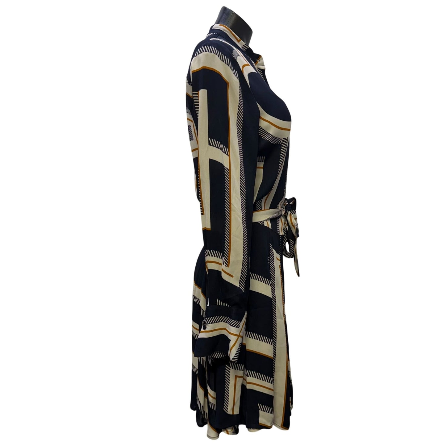 Reiss Print Dress With Belt Navy Cream Brown 2