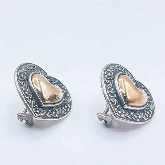 James Avery Vintage Heart-Shaped 925 Sterling Silver 14K Gold Earrings Medium