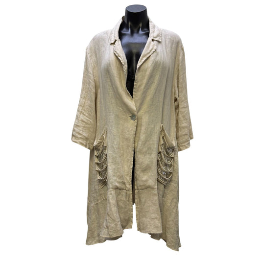 NWT Cento Uno Linen Long Open Front Coat With Pockets Cream L