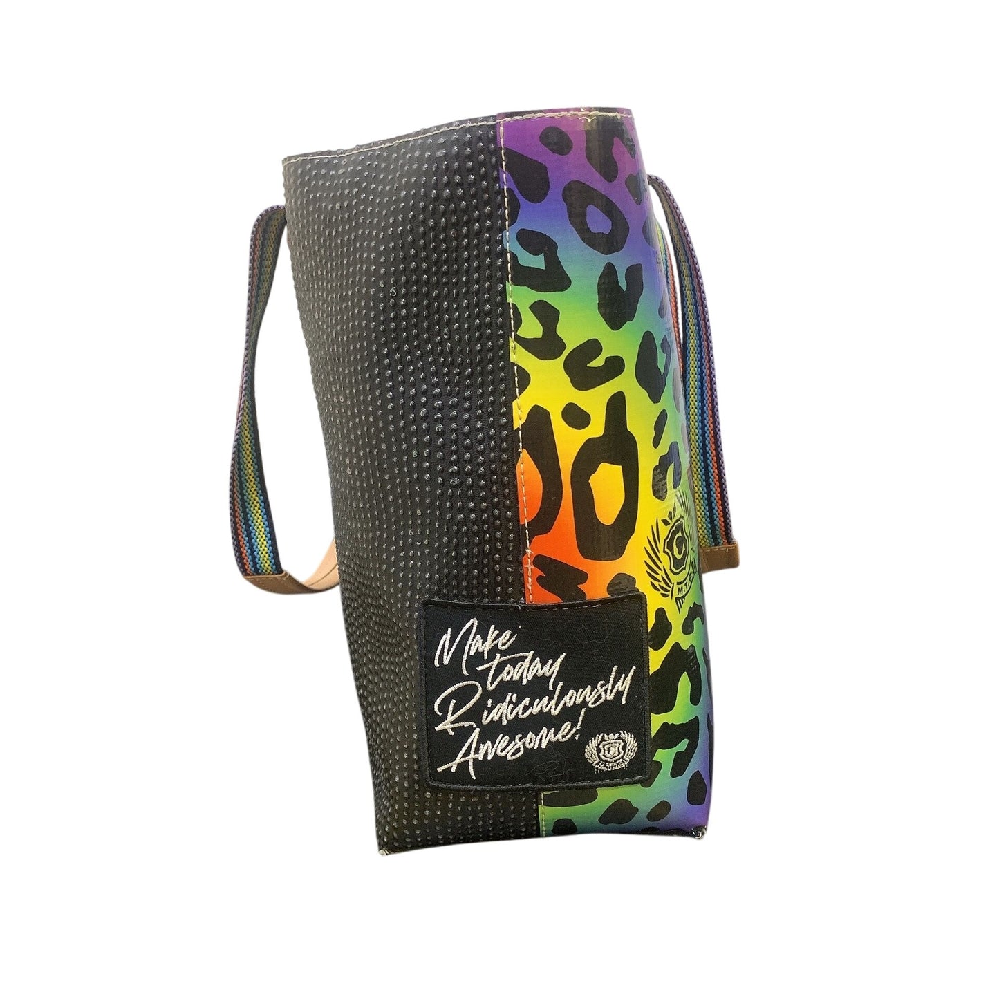 Consuela Fiesta Leopard Print & Black Tote Bag With Rainbow Straps