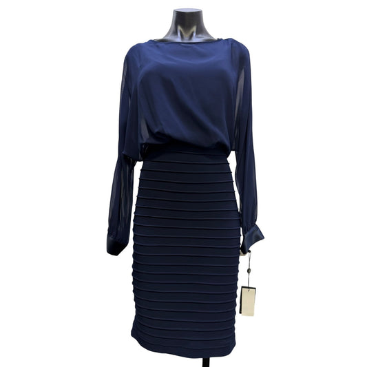 NWT Adrianna Papell Navy Long Sleeve Blouson Bodice Dress 8