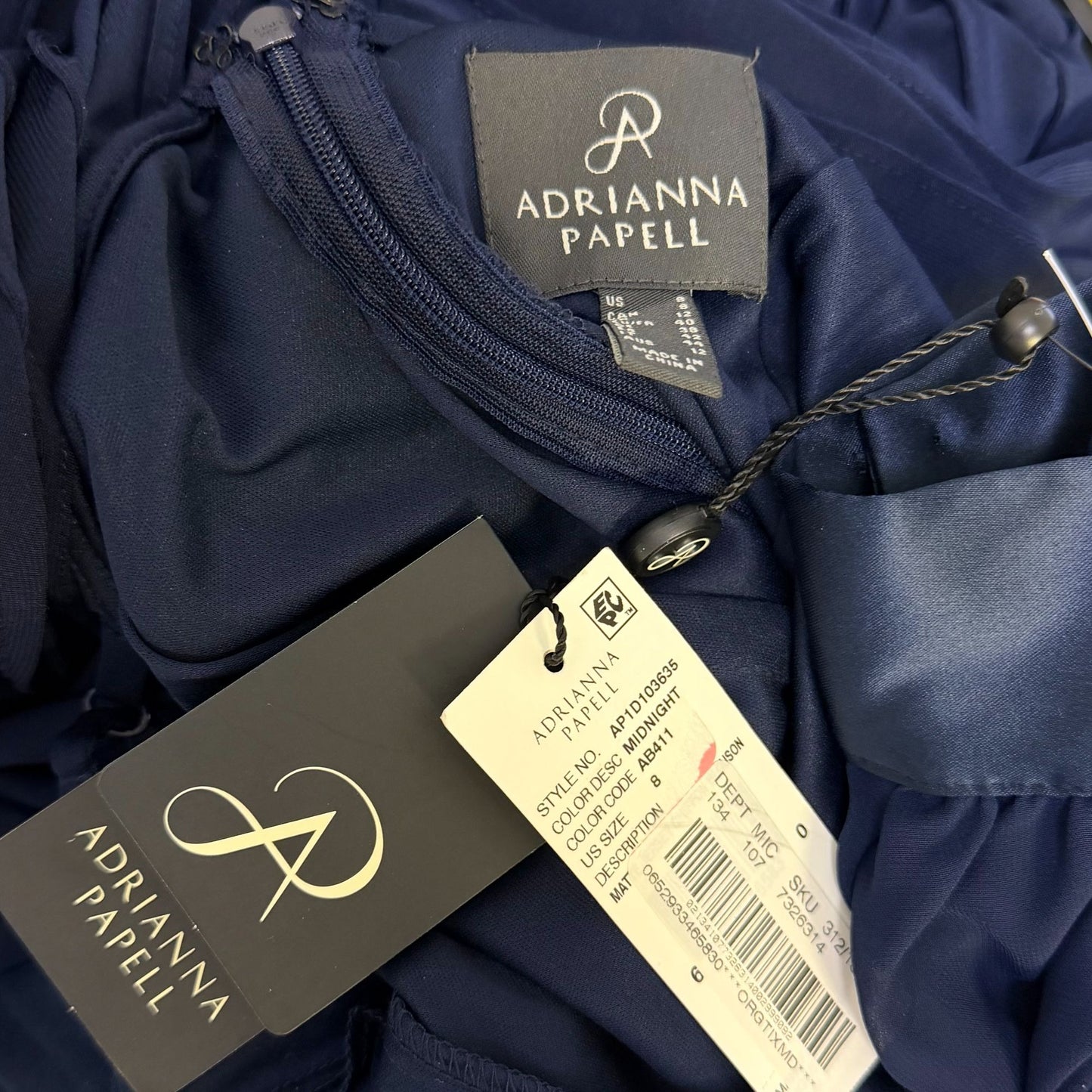 NWT Adrianna Papell Navy Long Sleeve Blouson Bodice Dress 8