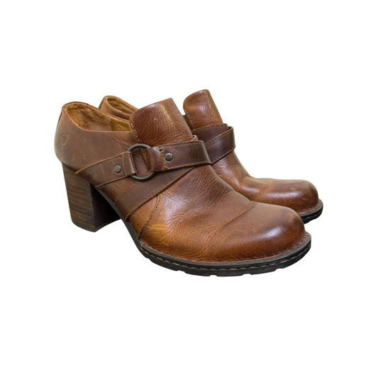 Born Brown Leather Heeled Clogs Size 10