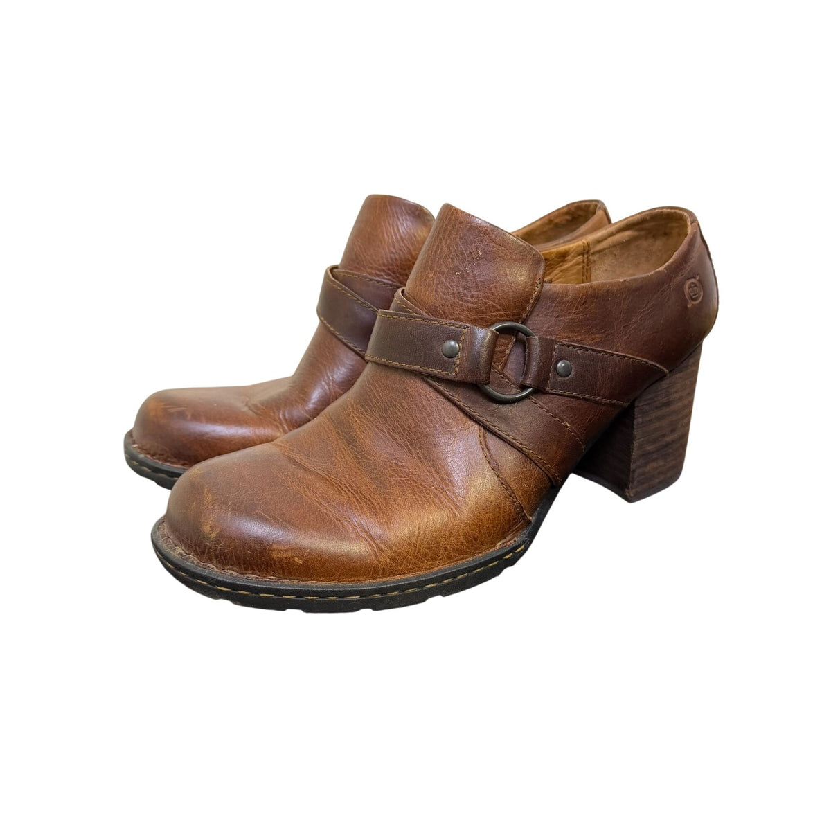 Born Brown Leather Heeled Clogs Size 10