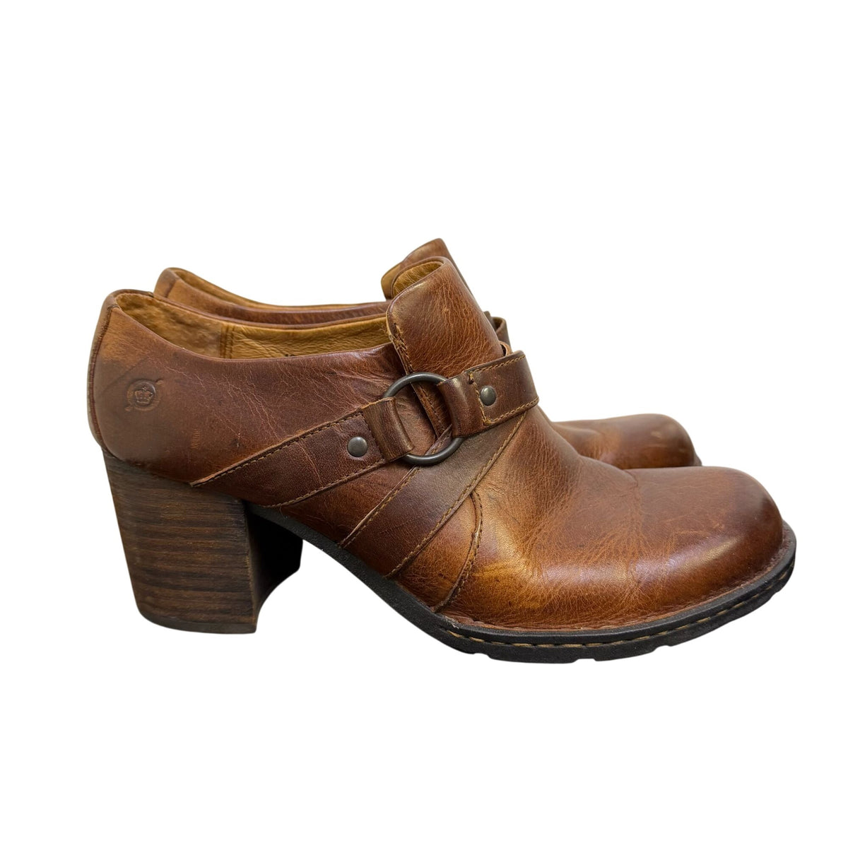 Born Brown Leather Heeled Clogs Size 10