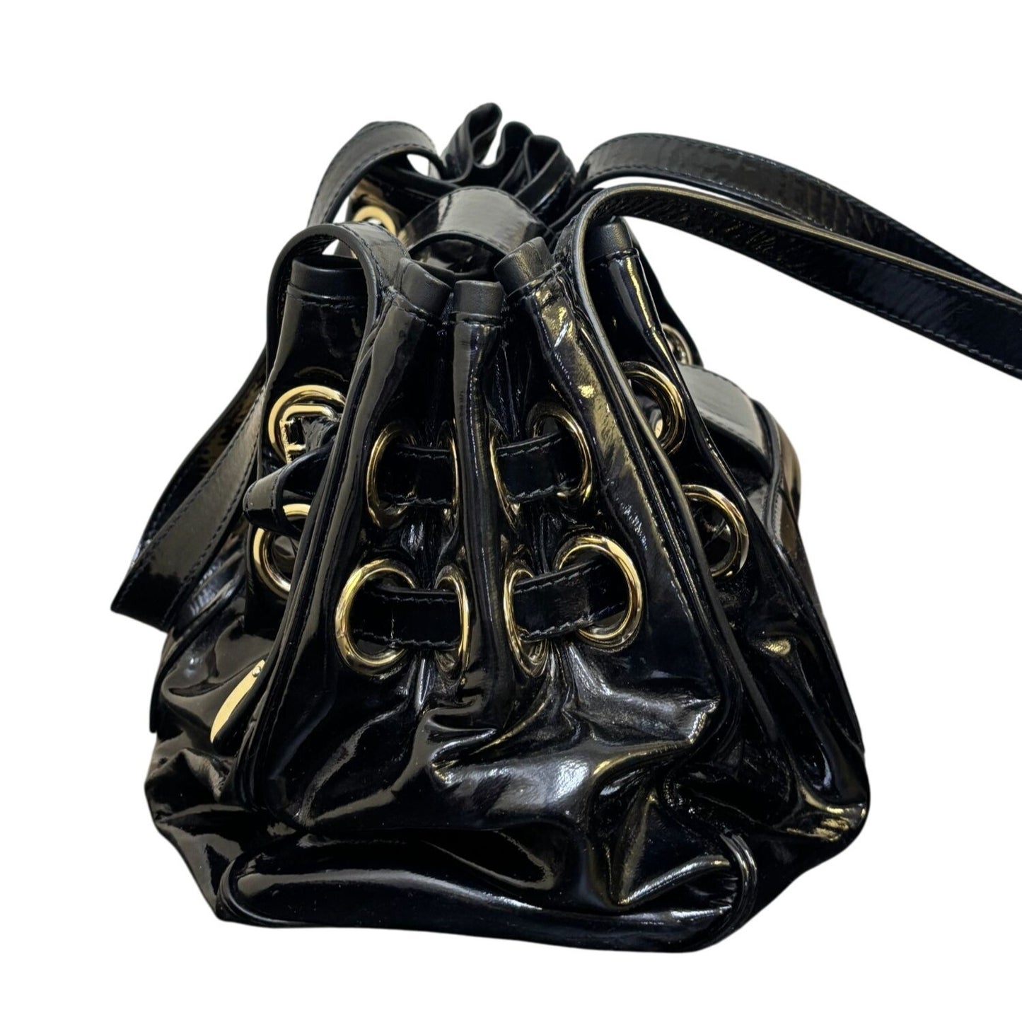Jimmy Choo Black Patent Leather Bucket Bag With Gold Accents