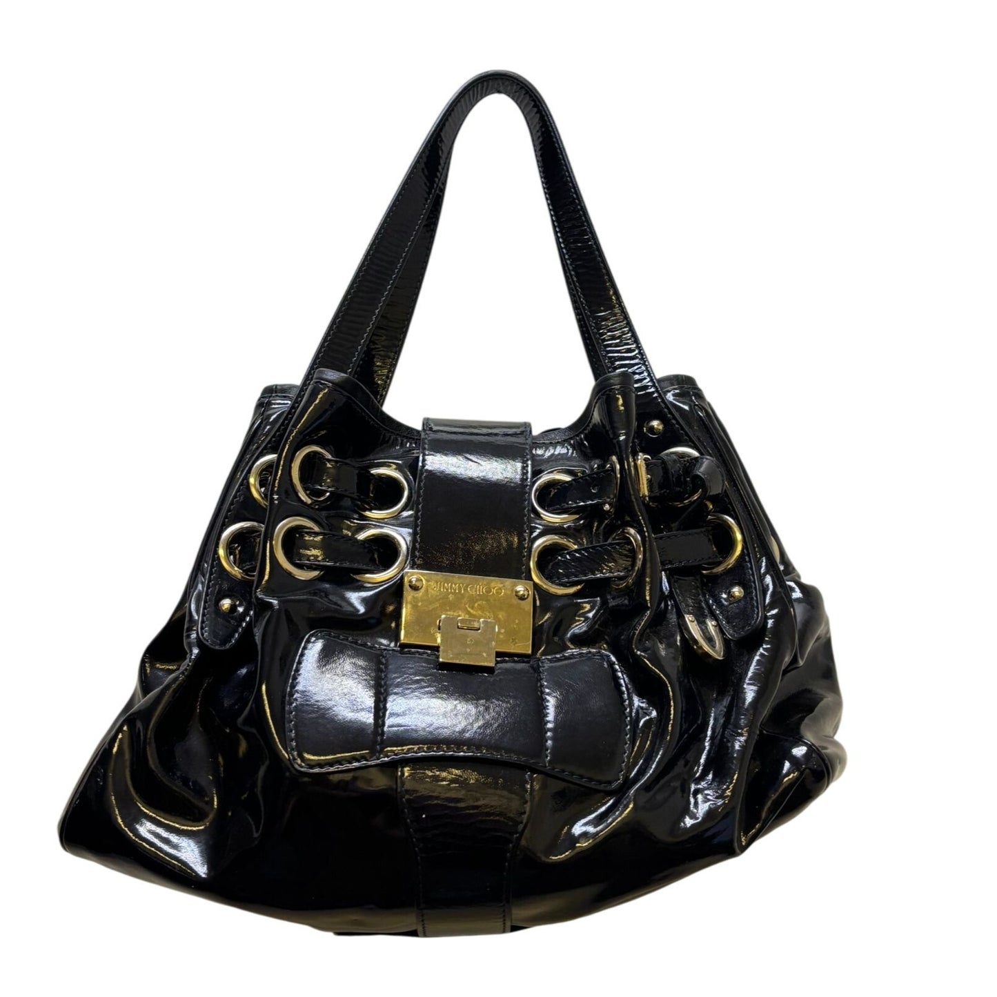 Jimmy Choo Black Patent Leather Bucket Bag With Gold Accents