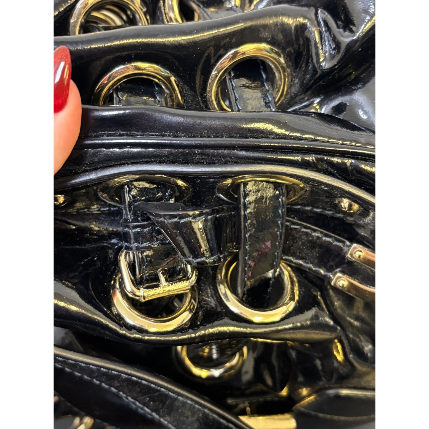 Jimmy Choo Black Patent Leather Bucket Bag With Gold Accents
