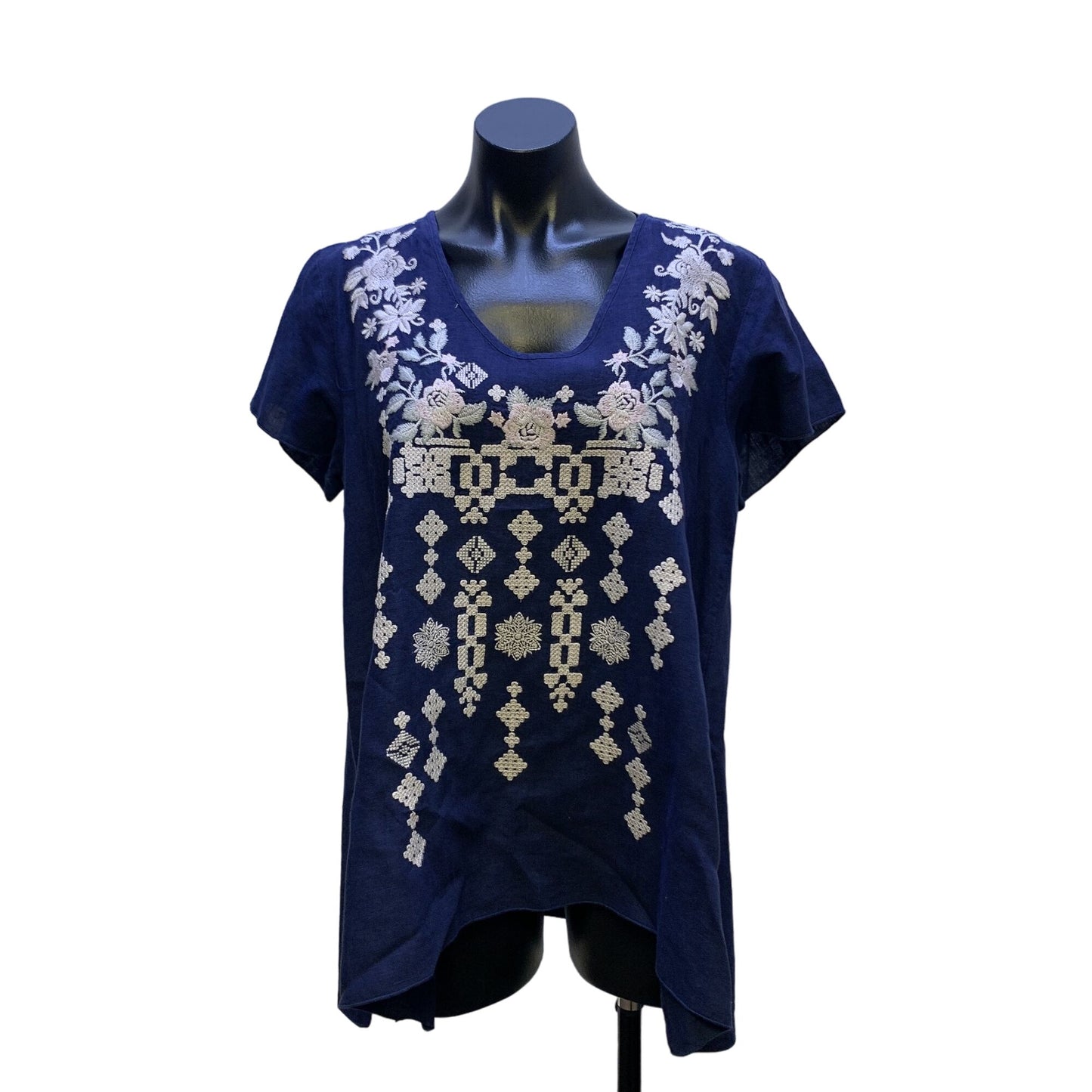 Johnny Was Linen Navy Blue Embroidered Tunic Top M