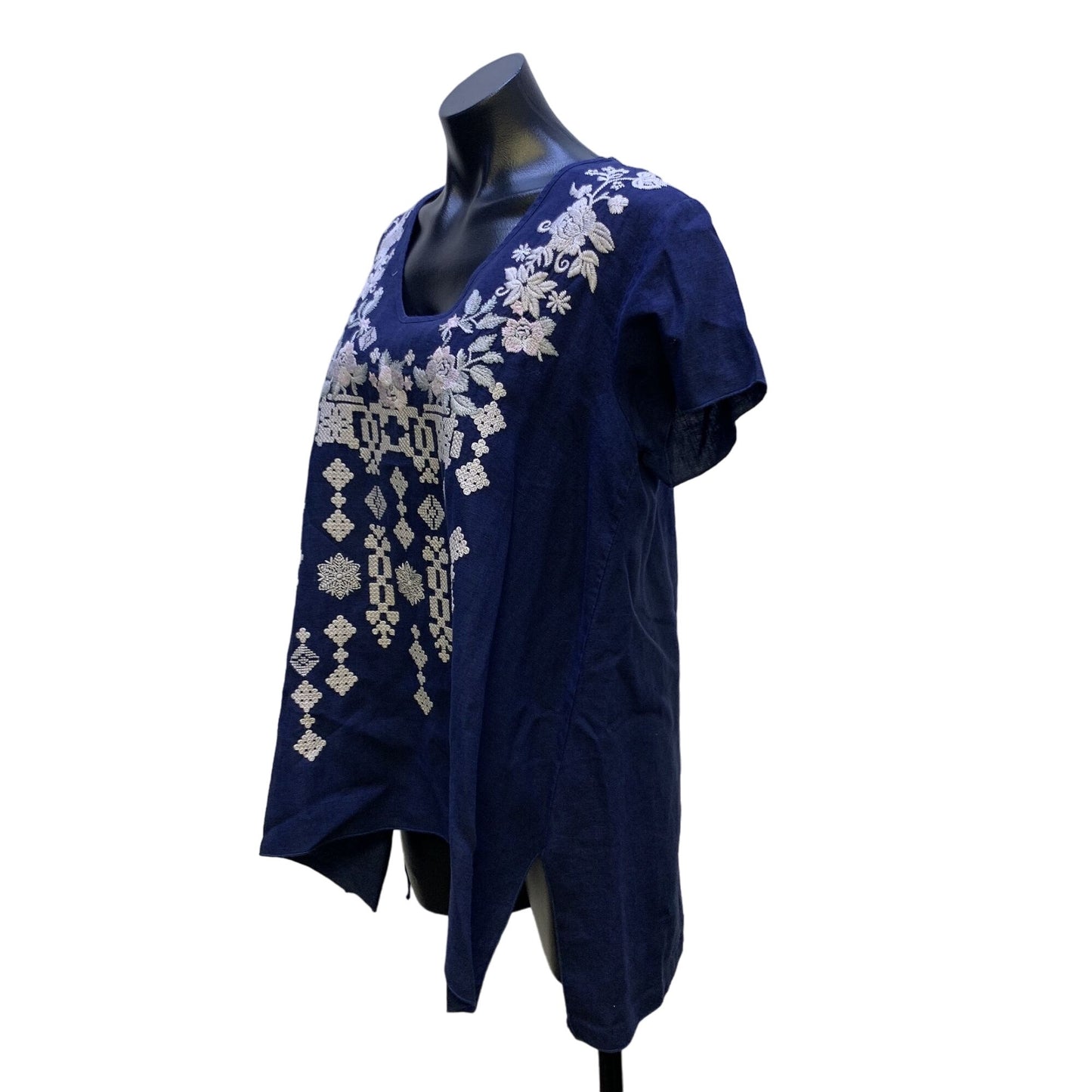 Johnny Was Linen Navy Blue Embroidered Tunic Top M