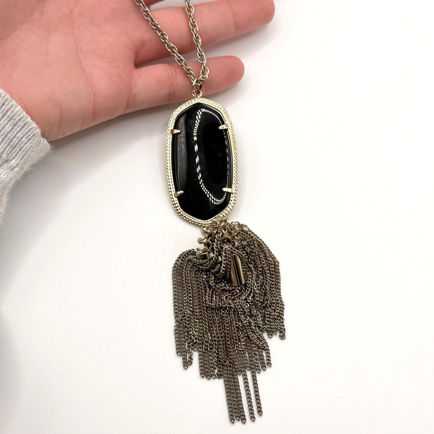 Kendra Scott Gold-Tone Necklace With Black Oval Stone & Chain Tassels