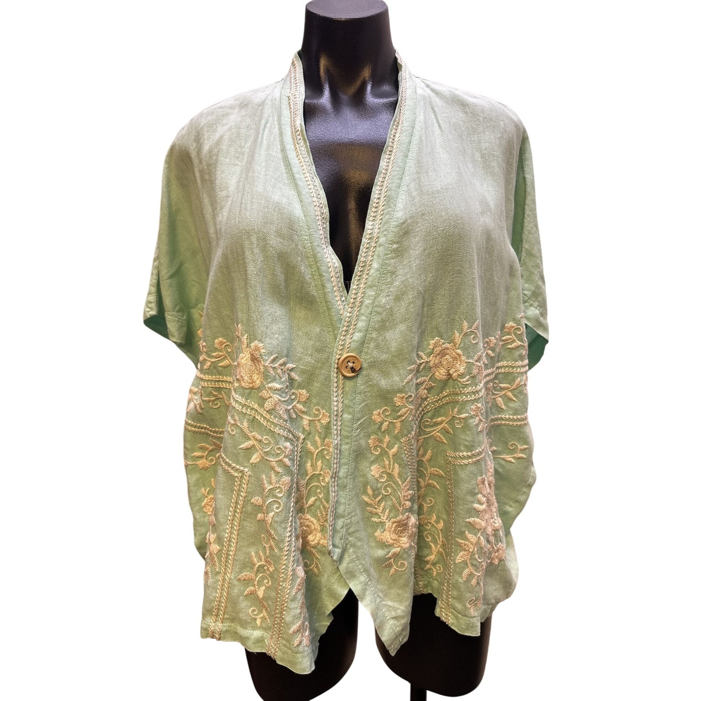 Johnny Was Mint Green w/Ivory Embroidery Linen Kimono Cardigan Size Medium