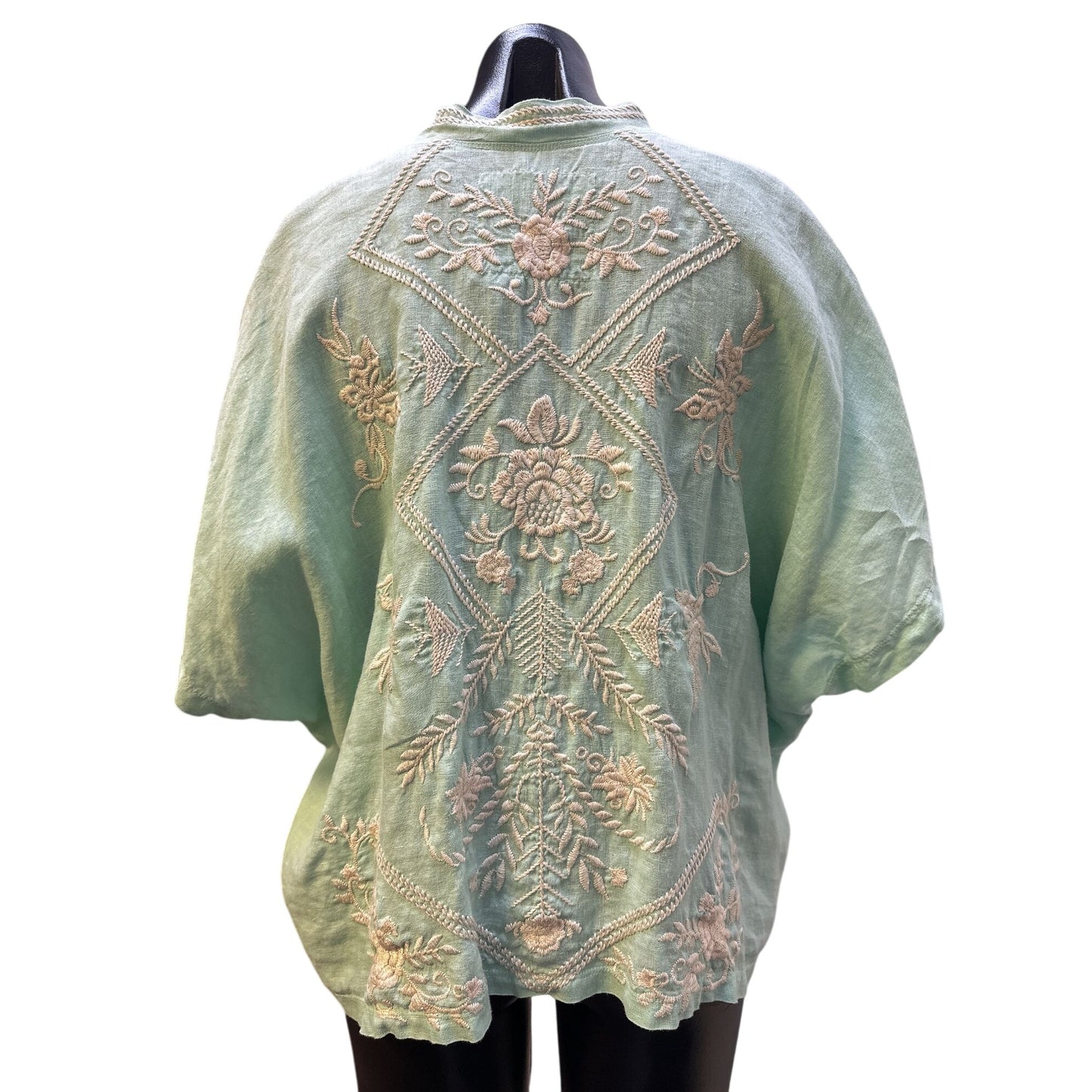 Johnny Was Mint Green w/Ivory Embroidery Linen Kimono Cardigan Size Medium