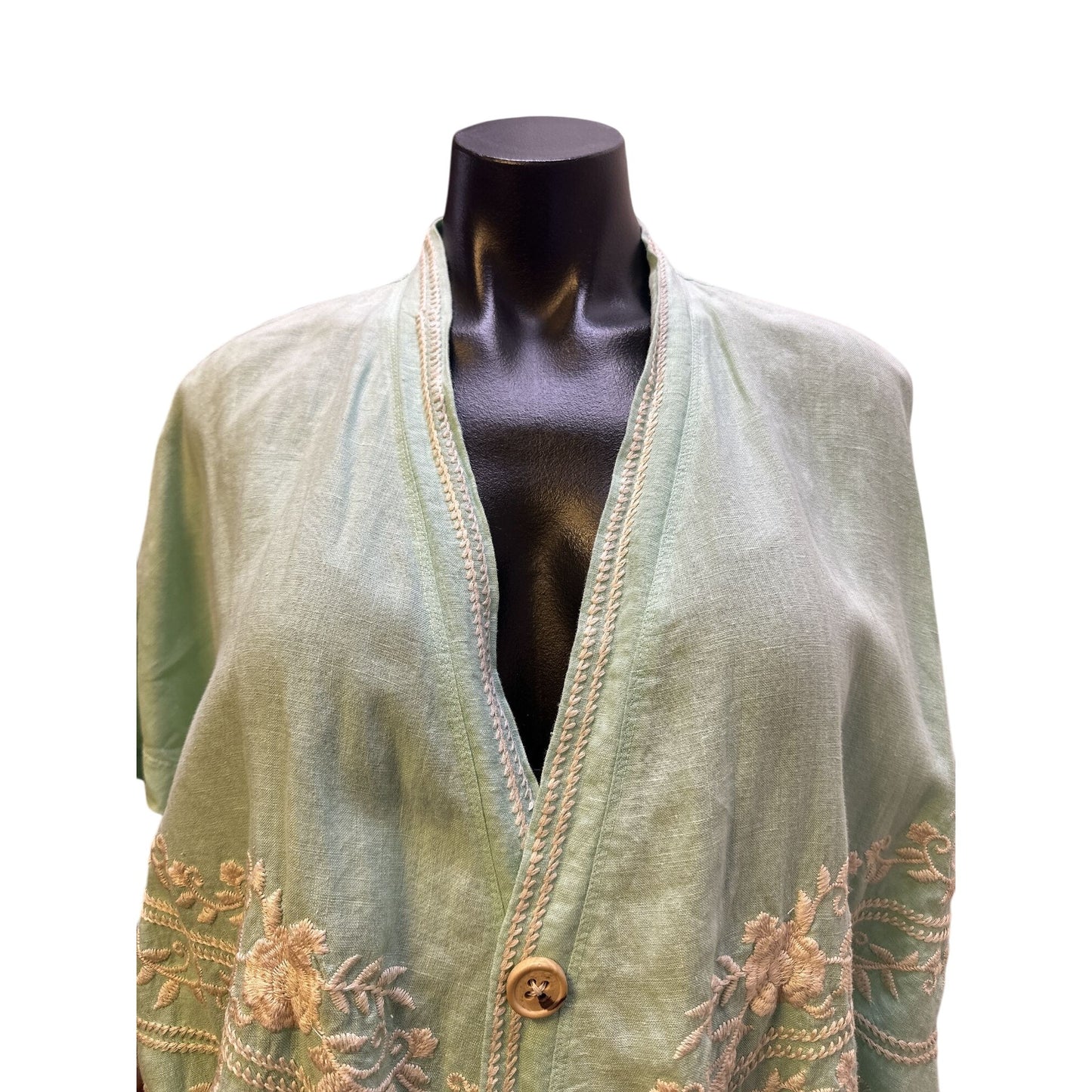 Johnny Was Mint Green w/Ivory Embroidery Linen Kimono Cardigan Size Medium