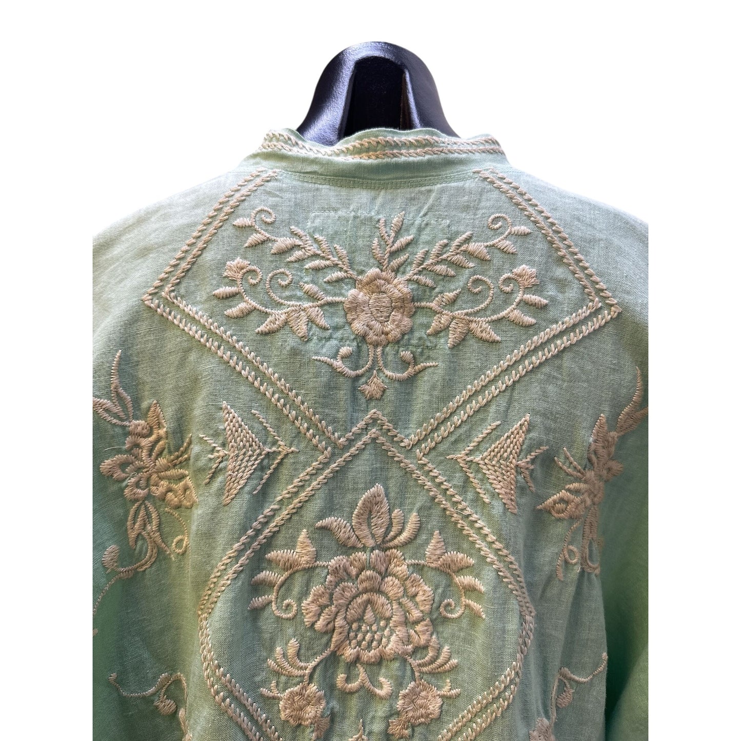 Johnny Was Mint Green w/Ivory Embroidery Linen Kimono Cardigan Size Medium