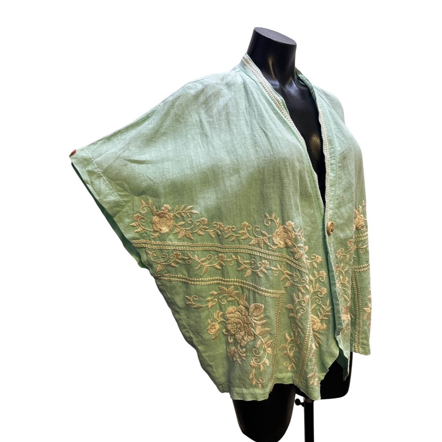 Johnny Was Mint Green w/Ivory Embroidery Linen Kimono Cardigan Size Medium