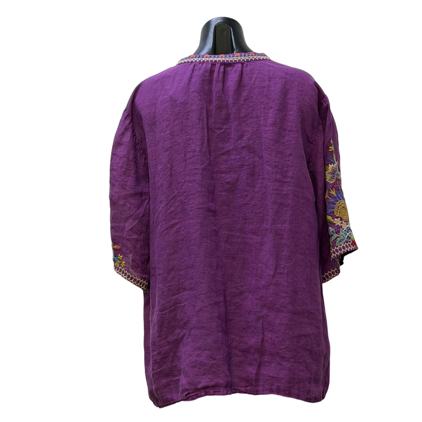 Johnny Was Embroidered Purple Boho Blouse Size L 3/4 Sleeve V-Neck