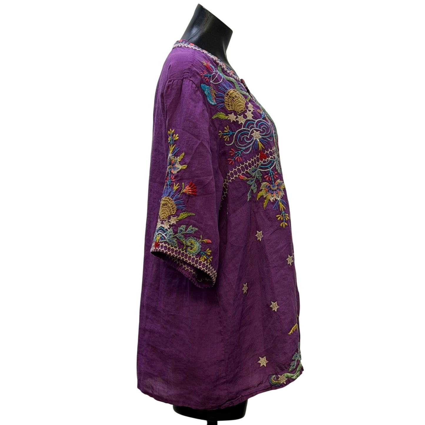 Johnny Was Embroidered Purple Boho Blouse Size L 3/4 Sleeve V-Neck