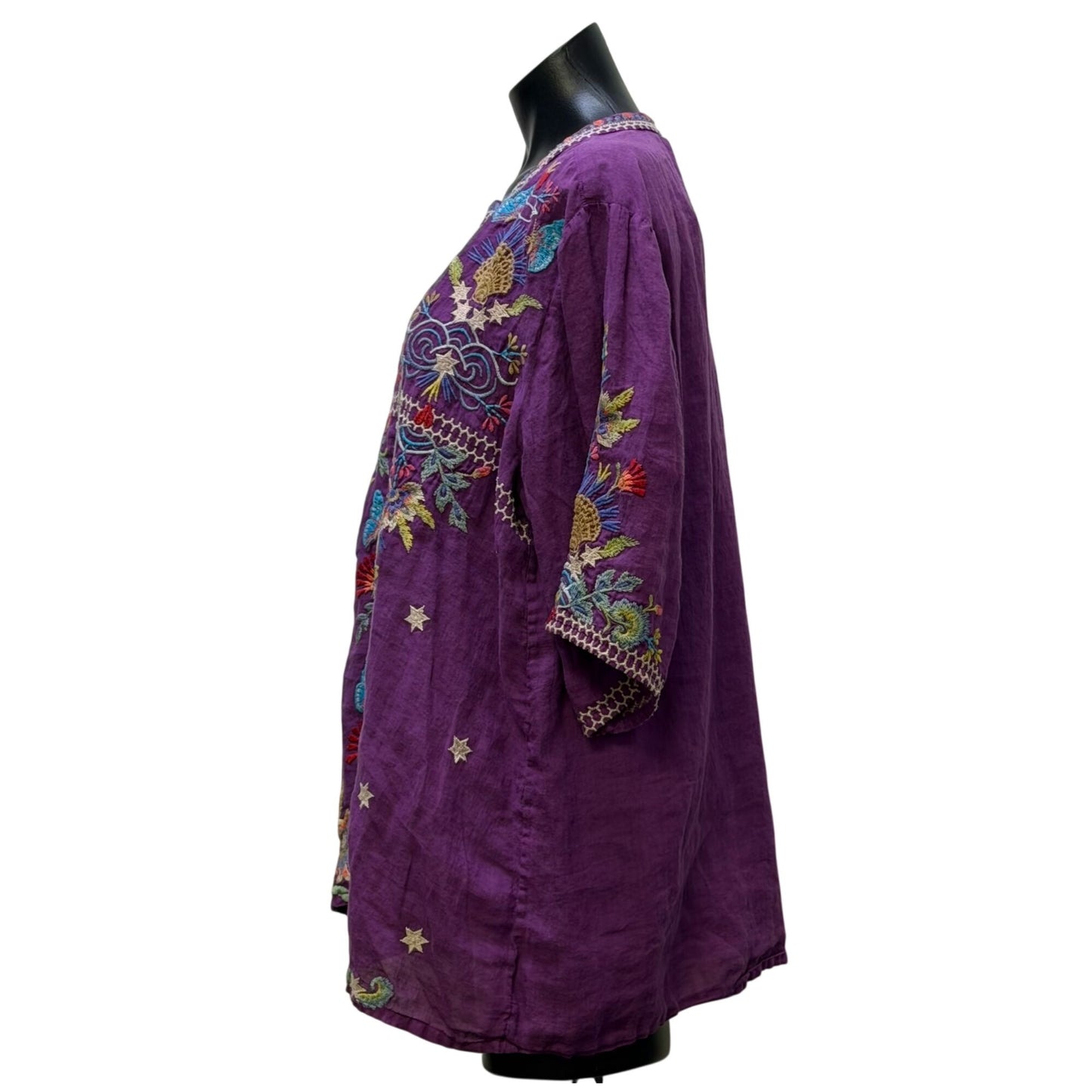 Johnny Was Embroidered Purple Boho Blouse Size L 3/4 Sleeve V-Neck