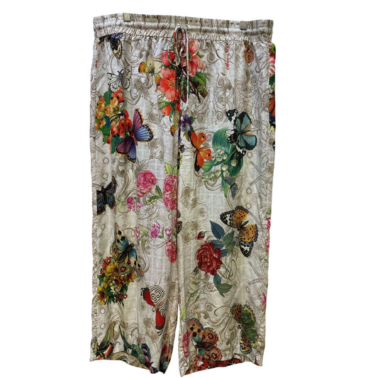 Johnny Was Beige & Multi-colored Print Silk Wide-Leg Pants Size XL