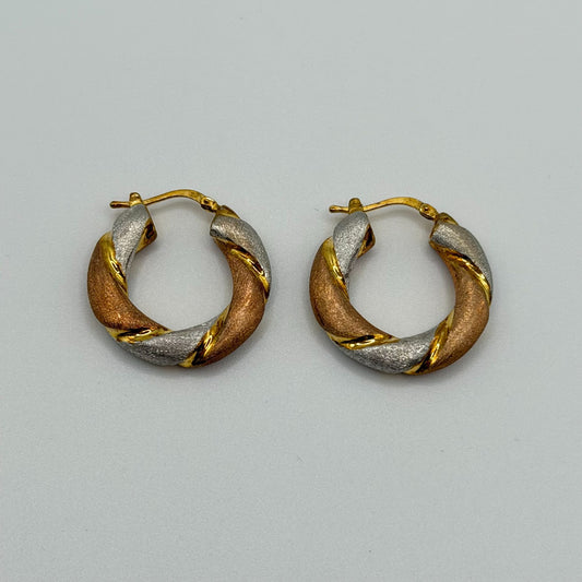 Rose Gold Vermiel over 925  Tri-Tone Twisted Hoop Earrings Leverback Closure M