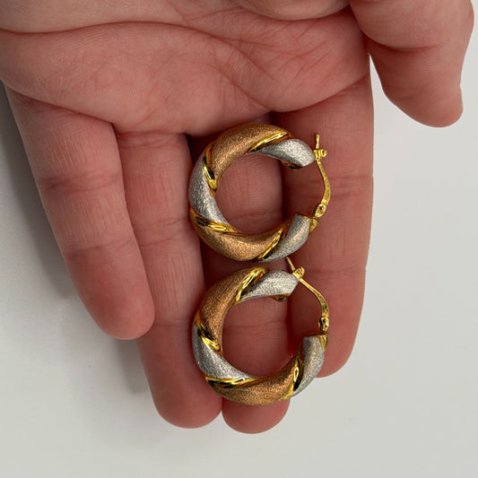 Rose Gold Vermiel over 925  Tri-Tone Twisted Hoop Earrings Leverback Closure M