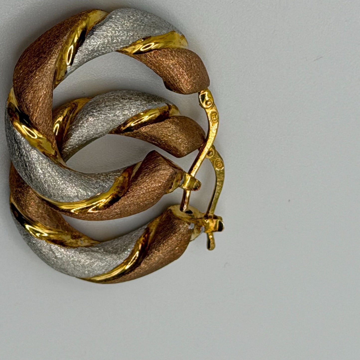 Rose Gold Vermiel over 925  Tri-Tone Twisted Hoop Earrings Leverback Closure M