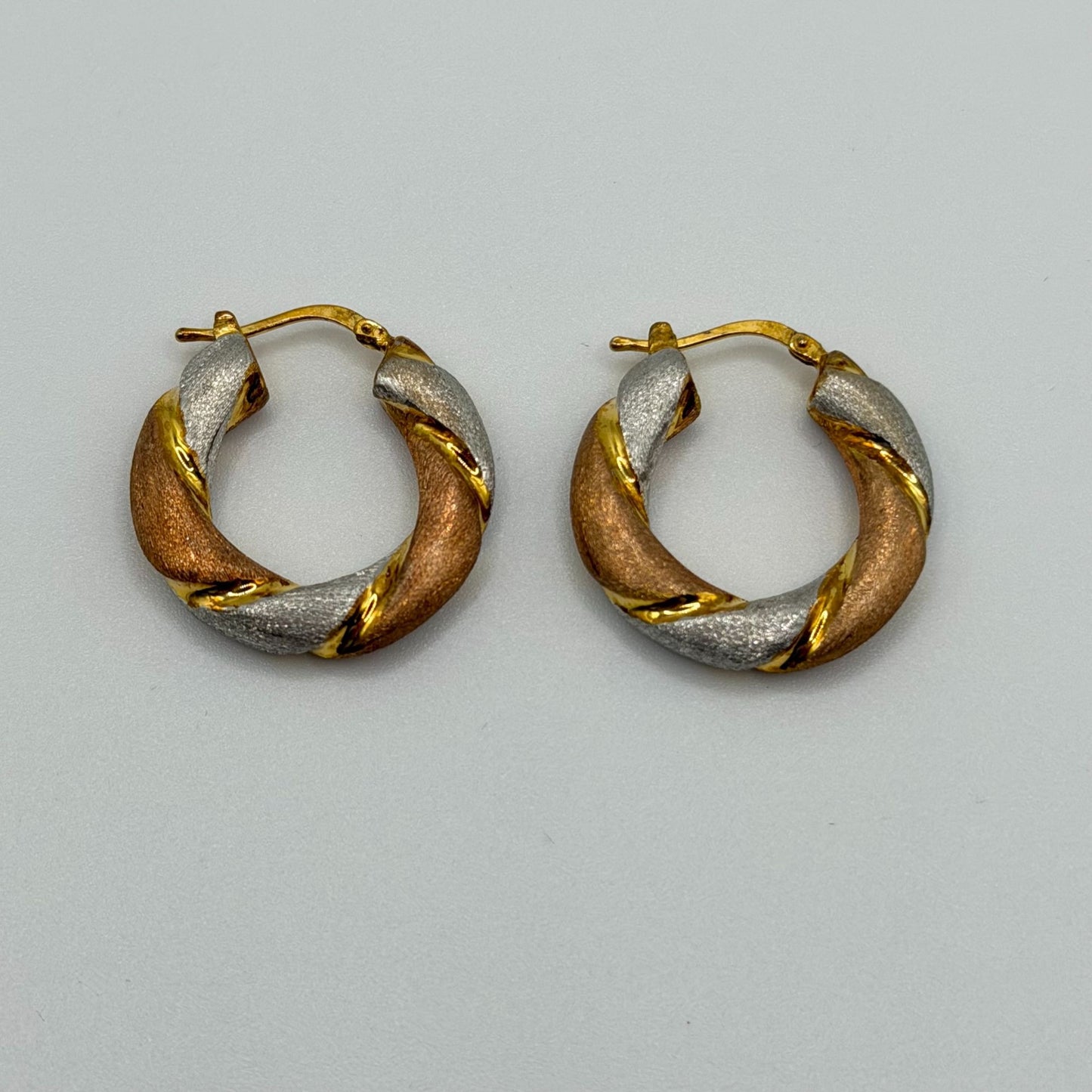 Rose Gold Vermiel over 925  Tri-Tone Twisted Hoop Earrings Leverback Closure M