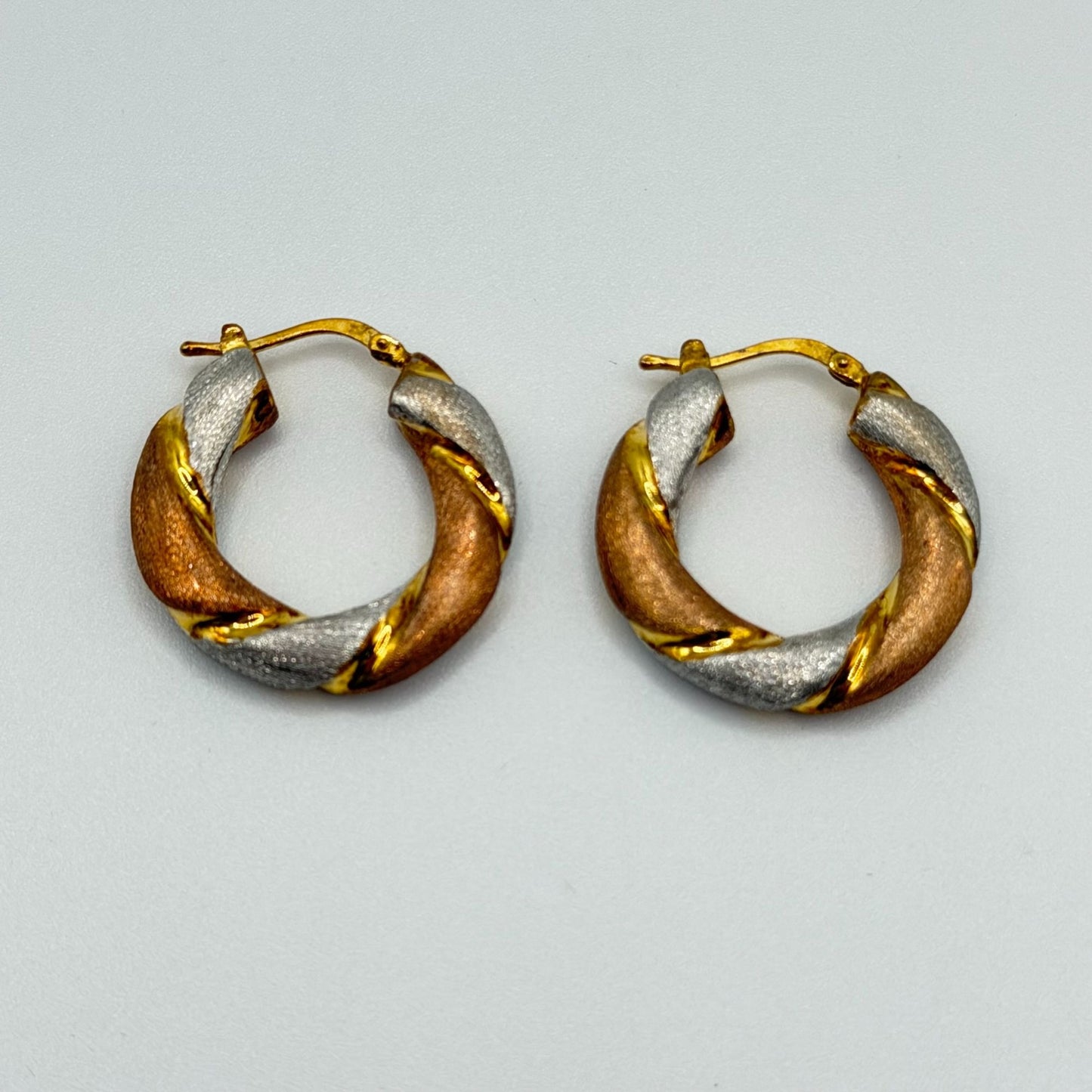 Rose Gold Vermiel over 925  Tri-Tone Twisted Hoop Earrings Leverback Closure M