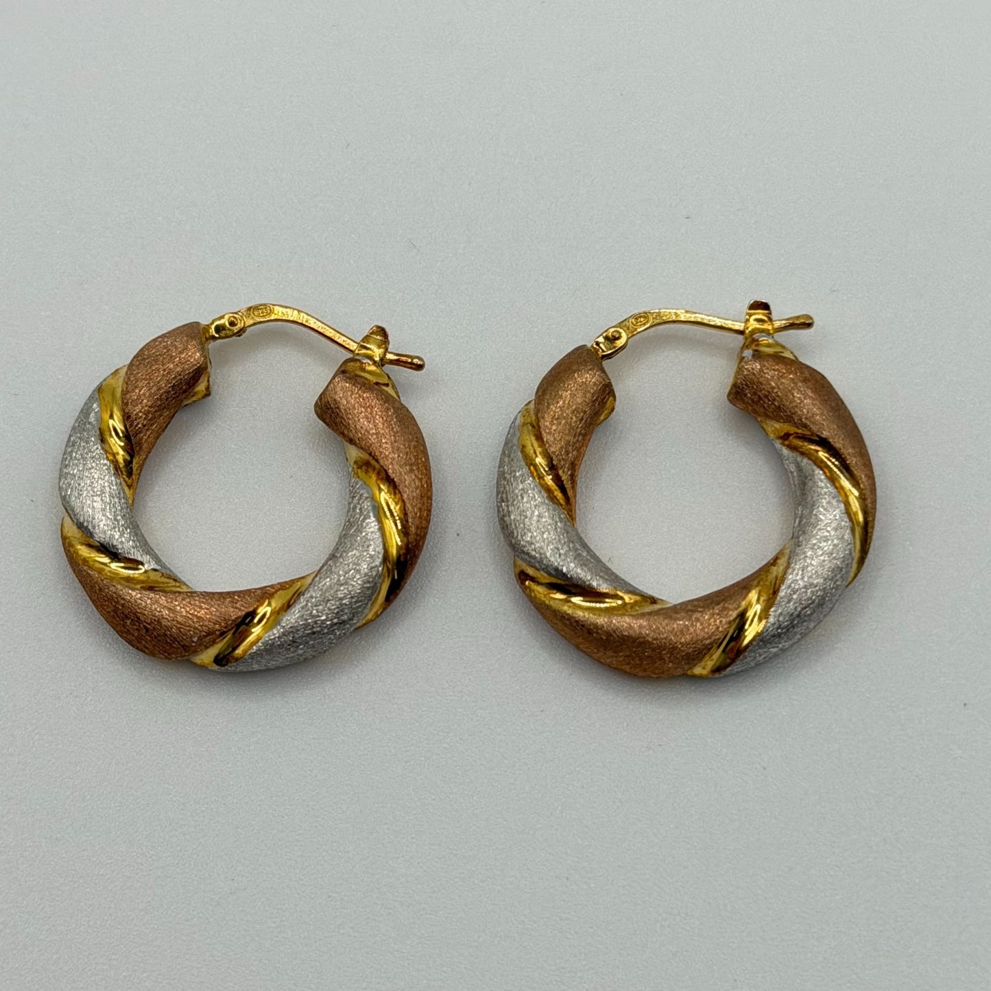 Rose Gold Vermiel over 925  Tri-Tone Twisted Hoop Earrings Leverback Closure M