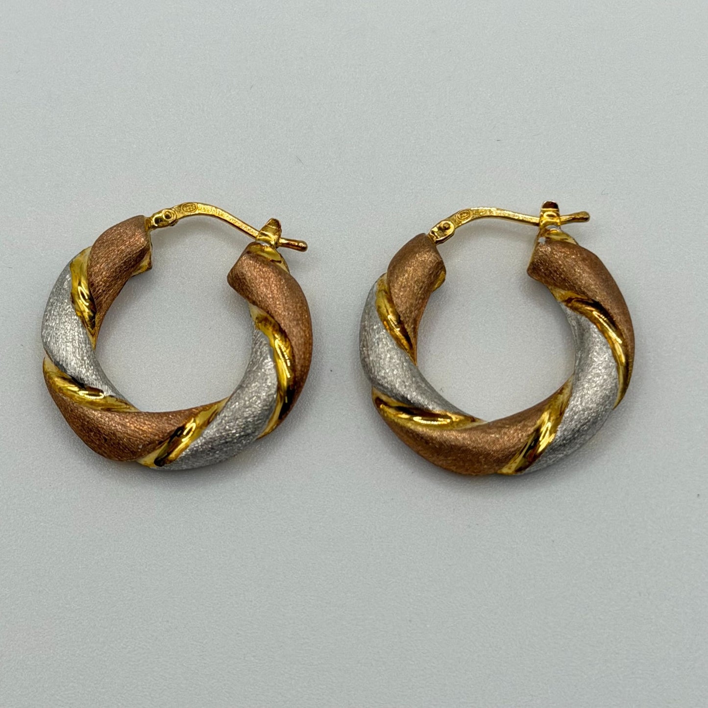Rose Gold Vermiel over 925  Tri-Tone Twisted Hoop Earrings Leverback Closure M