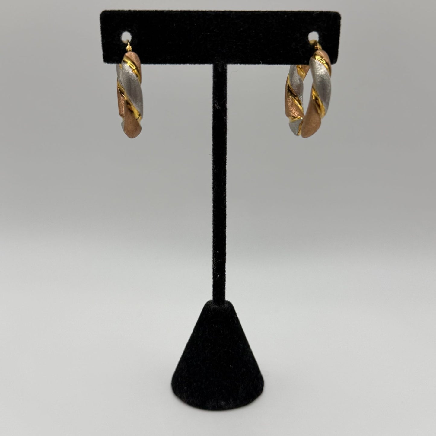 Rose Gold Vermiel over 925  Tri-Tone Twisted Hoop Earrings Leverback Closure M