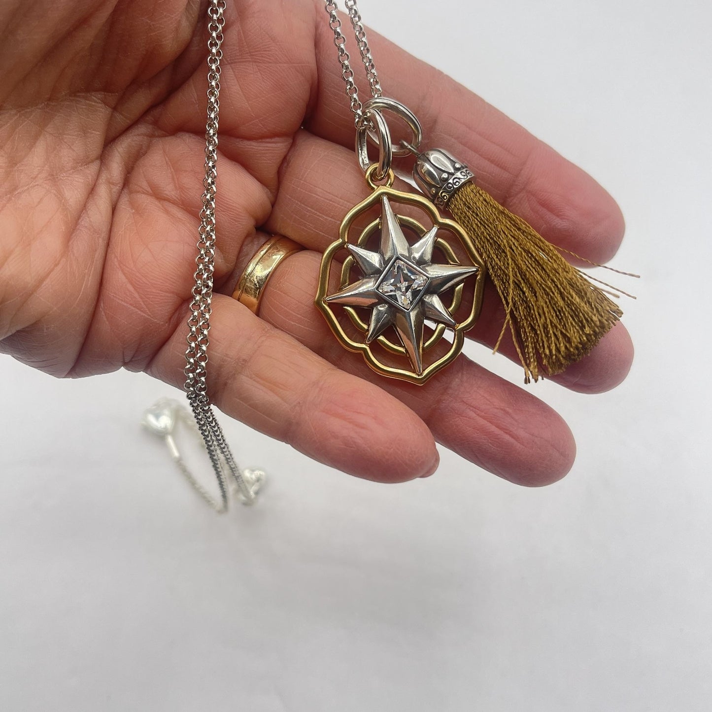 Chico's Radiant Compass Star Pendant Necklace With Tassel & Chain