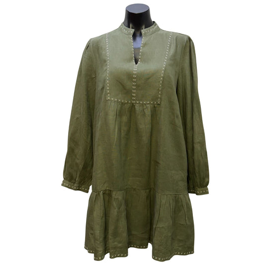 Magaschoni Green Linen Embroidered Long-Sleeve Tiered Dress M