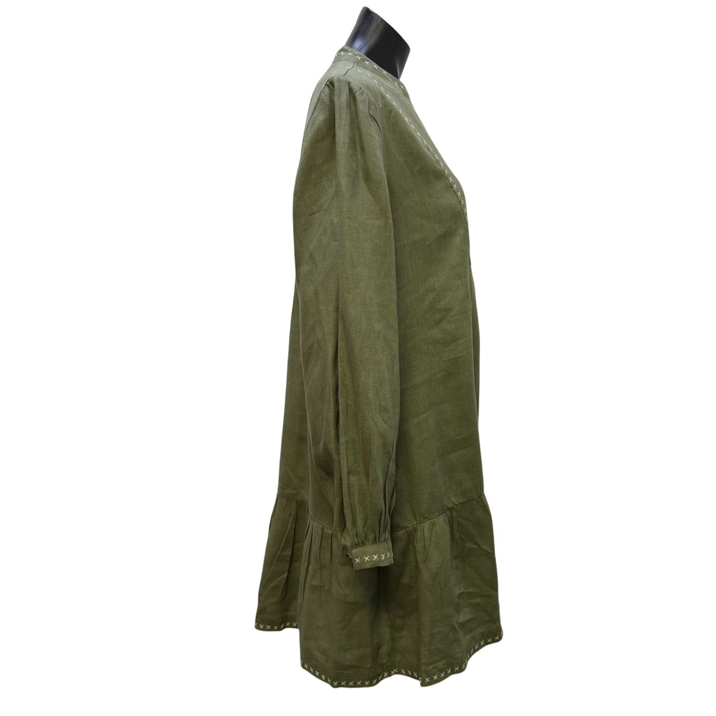 Magaschoni Green Linen Embroidered Long-Sleeve Tiered Dress M