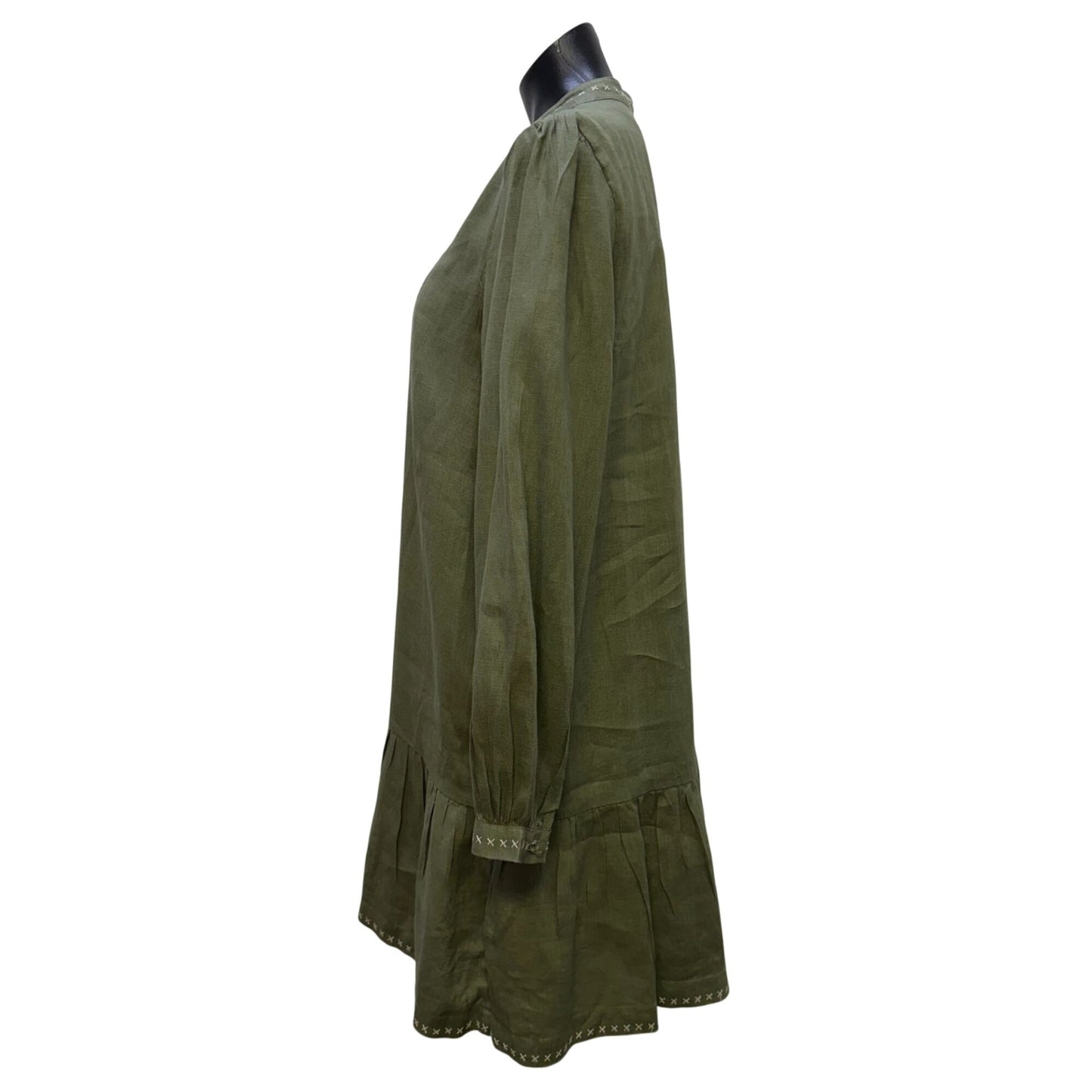 Magaschoni Green Linen Embroidered Long-Sleeve Tiered Dress M