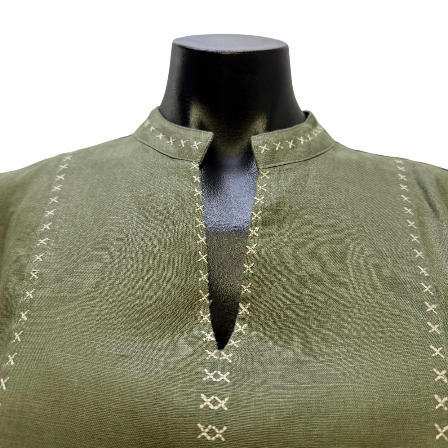 Magaschoni Green Linen Embroidered Long-Sleeve Tiered Dress M