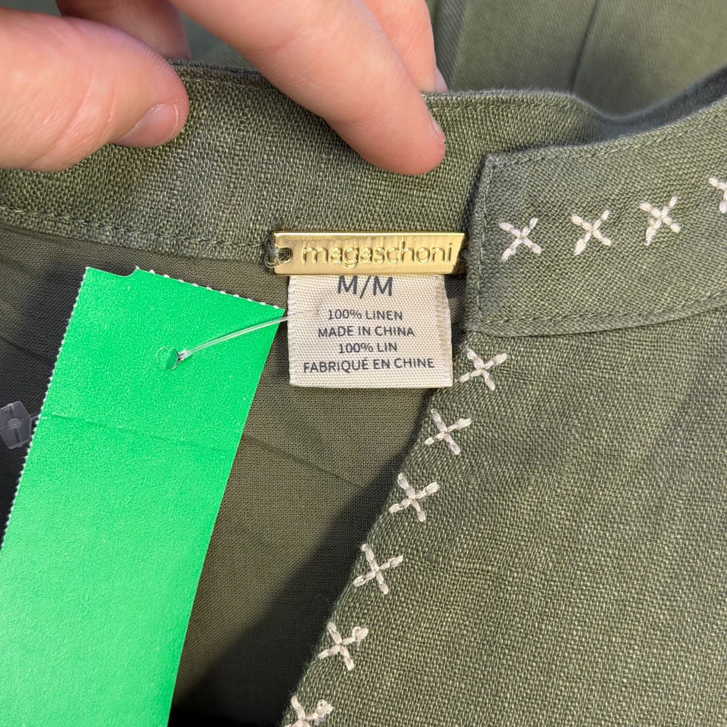 Magaschoni Green Linen Embroidered Long-Sleeve Tiered Dress M